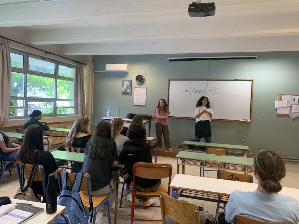 A participant presenting to a class of students