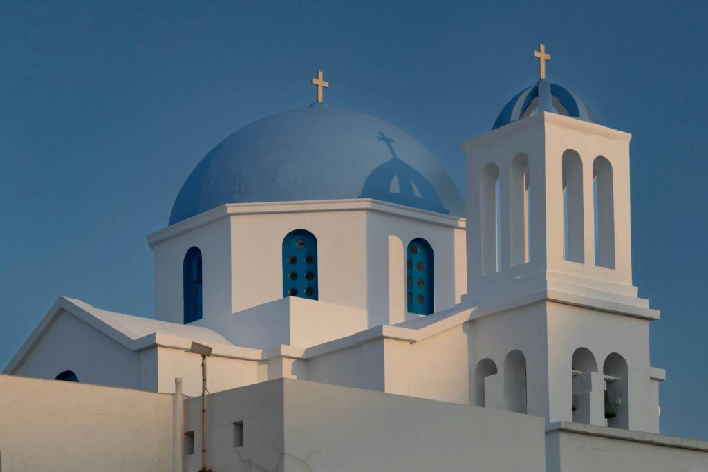 A blue domed church in the Cyclades