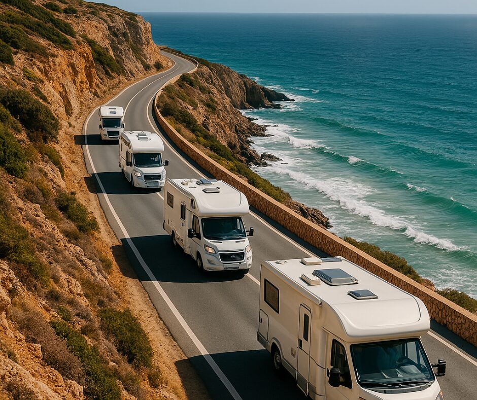 Campervans driving along the coast of southern Portugal
