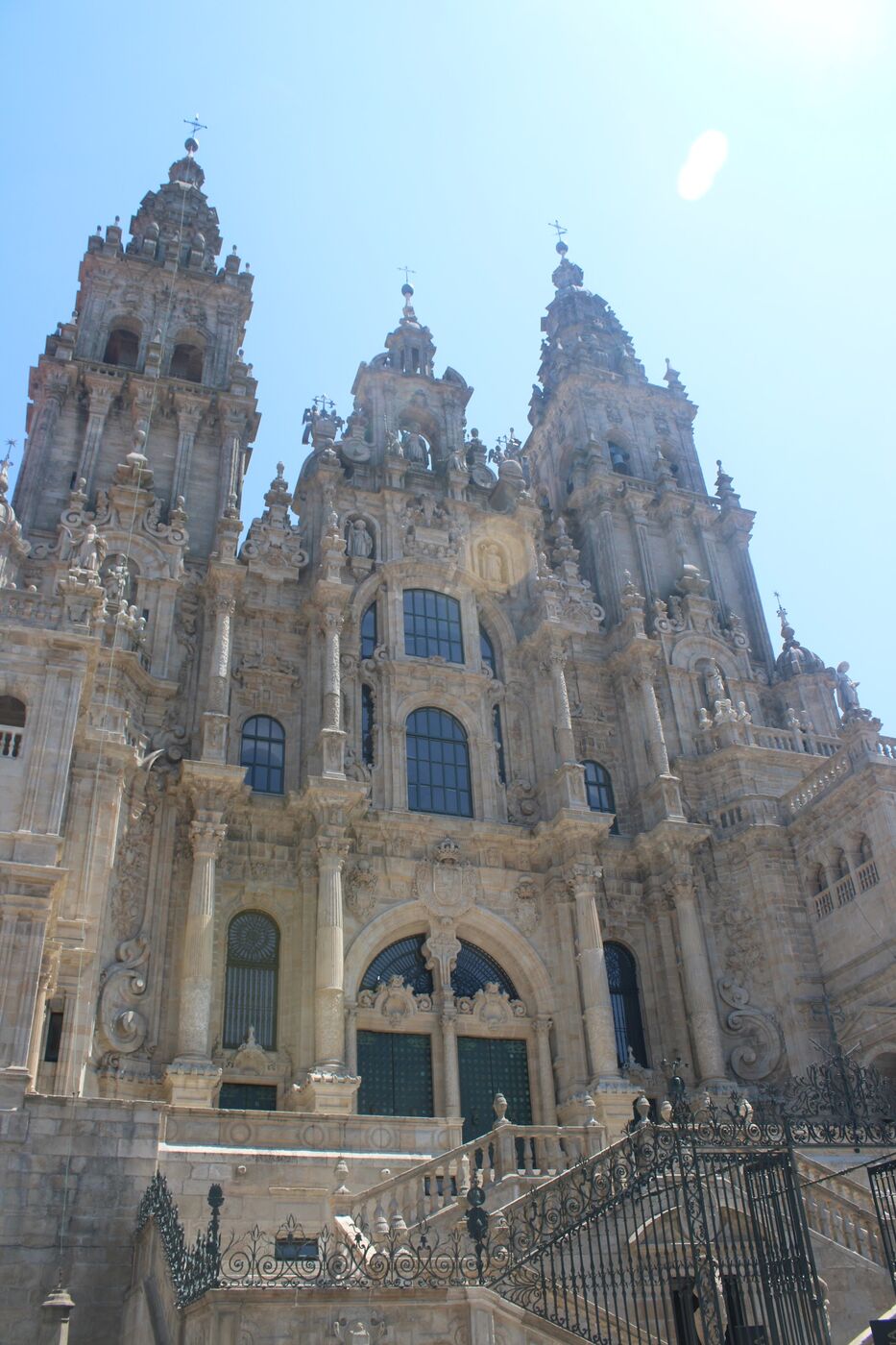 The facade of Santiago cathedral seen from below